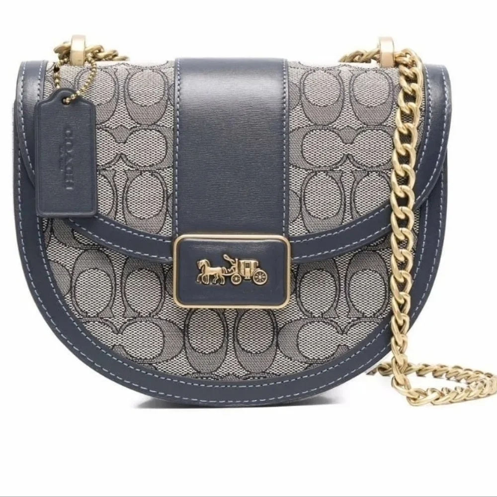 Coach Alie Saddle Crossbody Bag Navy Blue and Gold‎ Signature Jacquard Purse - Picture 14 of 14